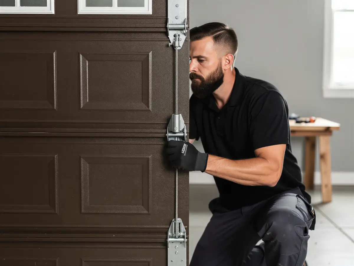 A technician in black gloves inspects a brown garage door.