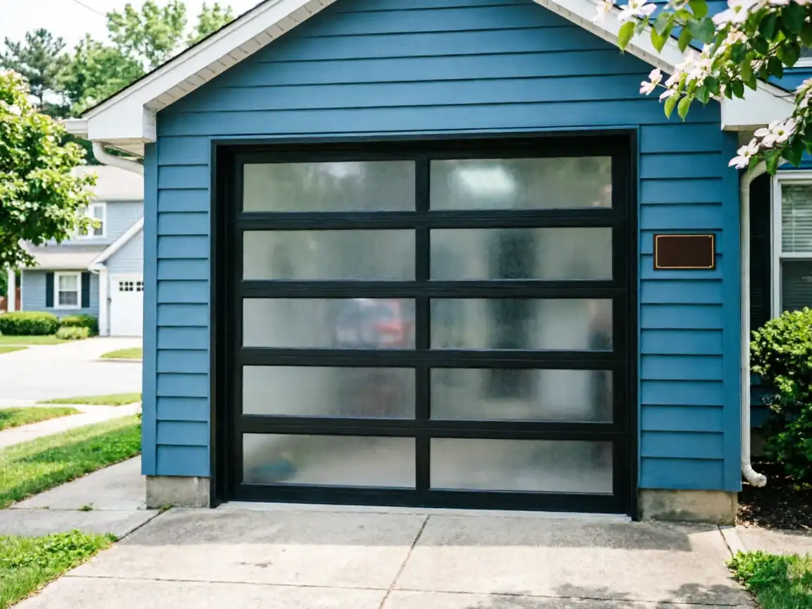 The blue house has a modern black garage door with frosted glass panels.