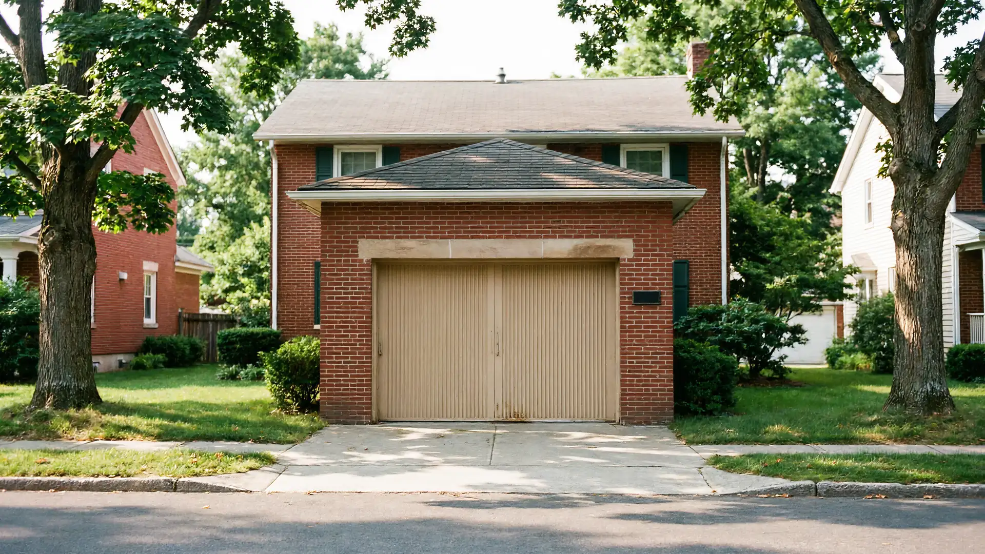 A red brick house has a light brown garage door and a gray roof.