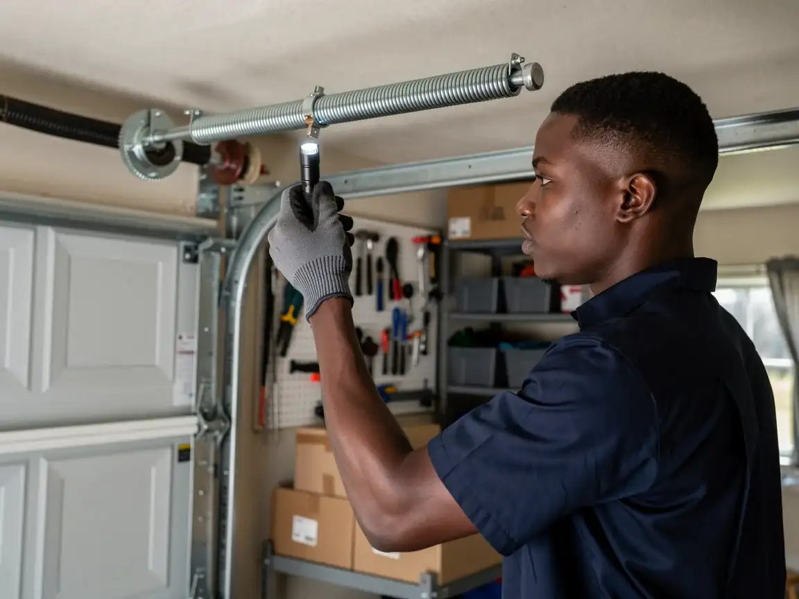 A technician in a dark blue shirt inspects a garage door torsion spring with a flashlight.
