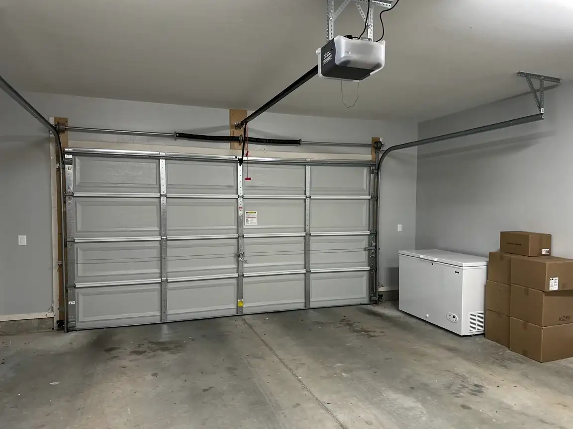 A closed gray garage door with an opener and a torsion spring.
