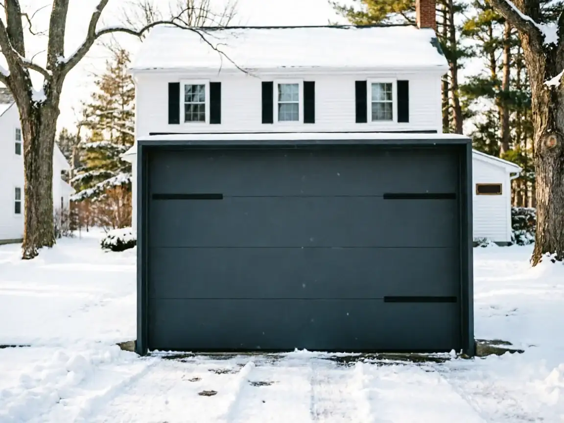 A dark gray garage door is on a white house covered in snow.