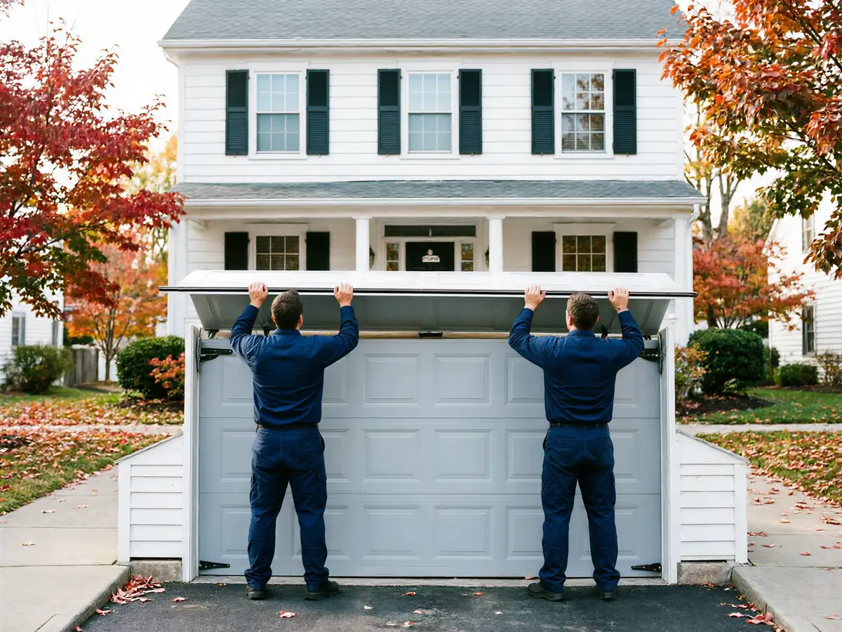 Two technicians in blue uniforms are installing a gray garage door on a white house.