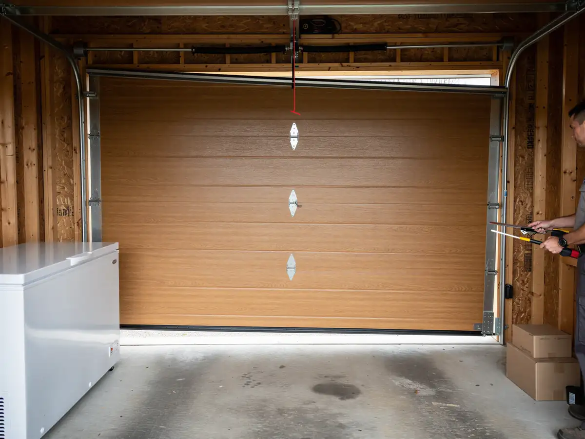A brown garage door is partially open with a technician holding tools.