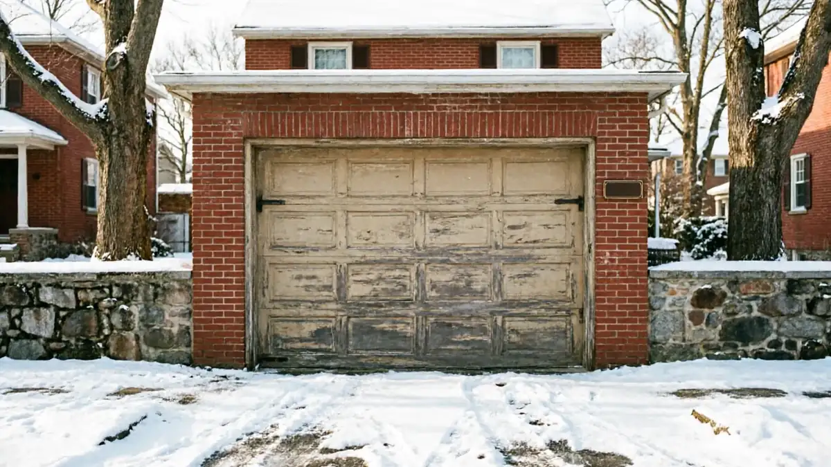 The old garage door on a brick garage is peeling paint in the snow.