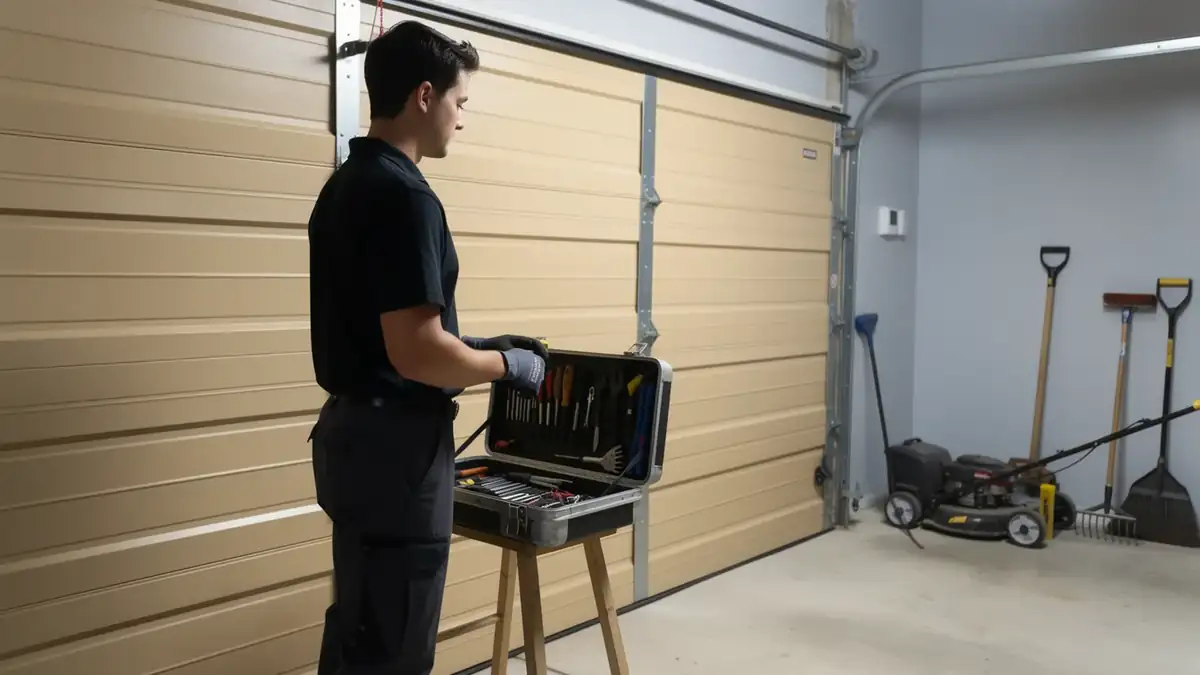 A technician wearing gloves stands by a toolbox in front of a closed garage door.