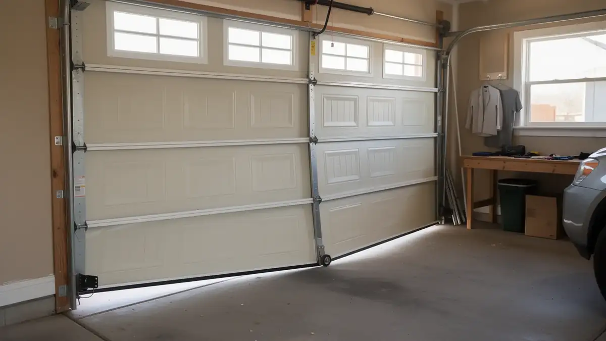 The beige garage door is off its track and partially open.